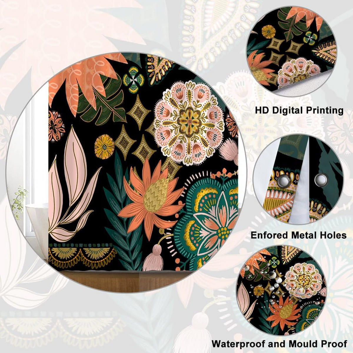 DUSCHVORHANG Rosa Blumen Blatt Grün Badewanne schimmelresistent wasserdicht Stoff Polyester waschbar Badezimmer - Multicolor, Textil (180/180cm) - MCBOSON
