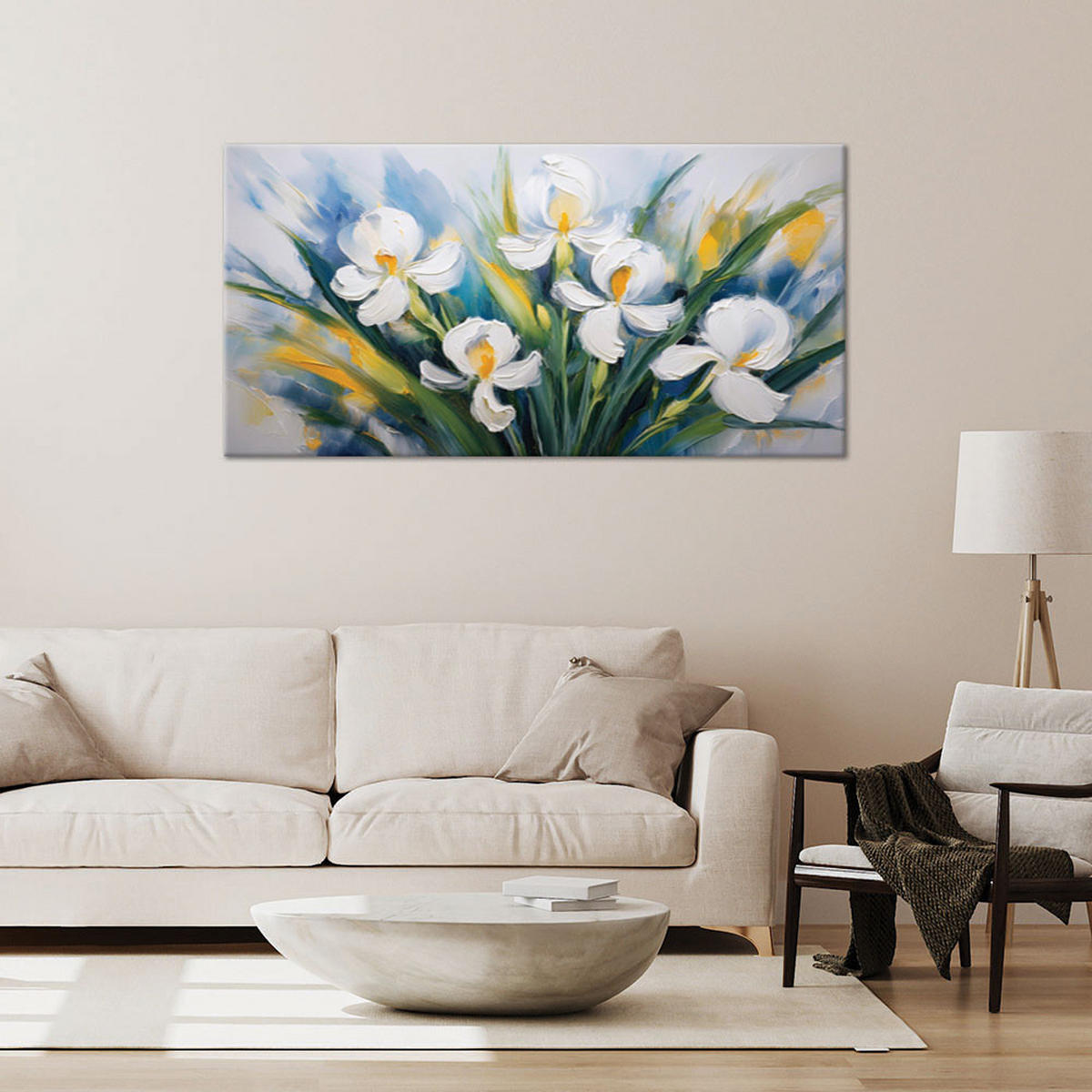 LEINWANDBILD Bemalte weiße Iris-Blumen - Weiß, Textil (120/60cm) - Feeby
