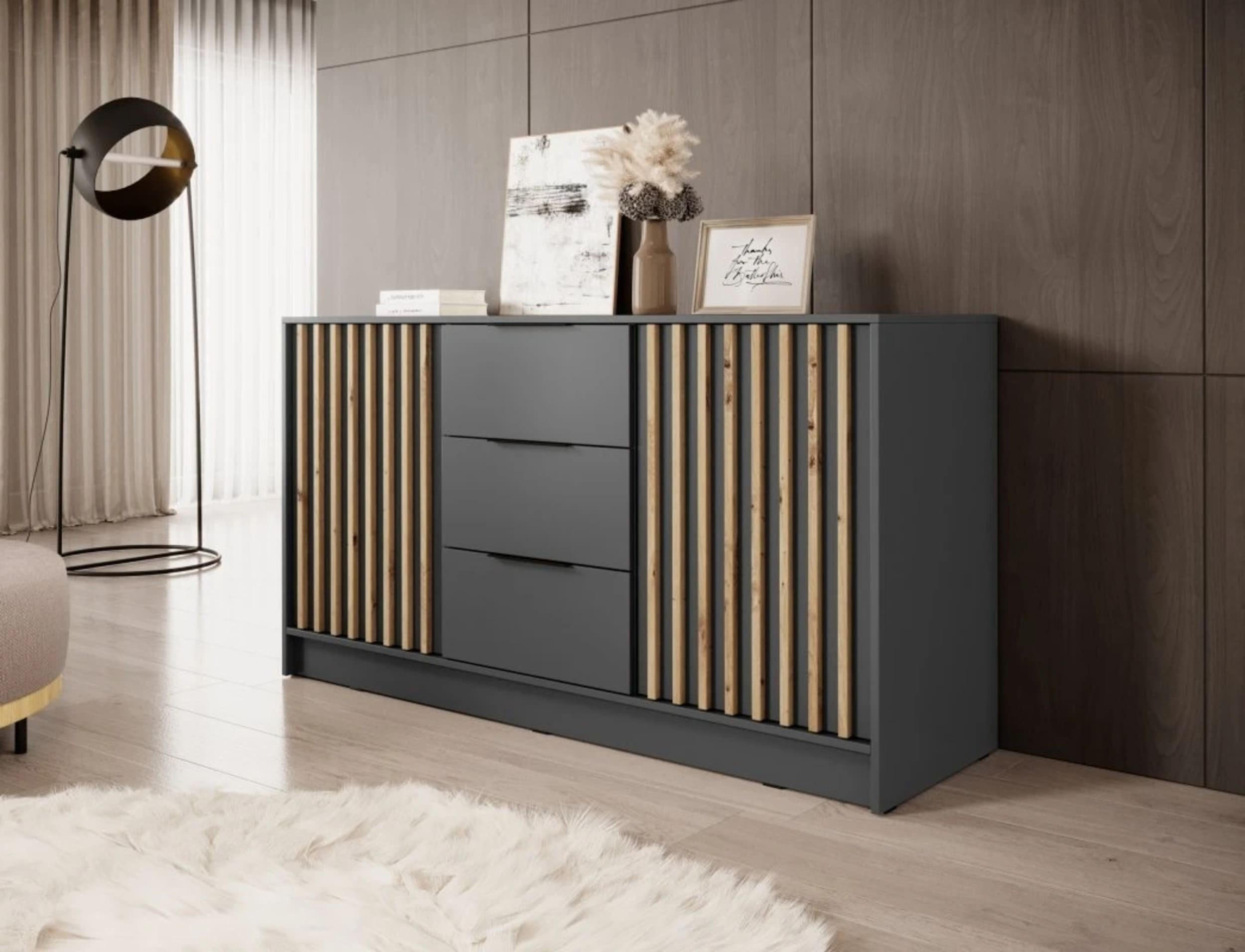 KOMMODE - JOHN 3D Graphit - Graphitfarben, Holzwerkstoff (155/86/45cm)