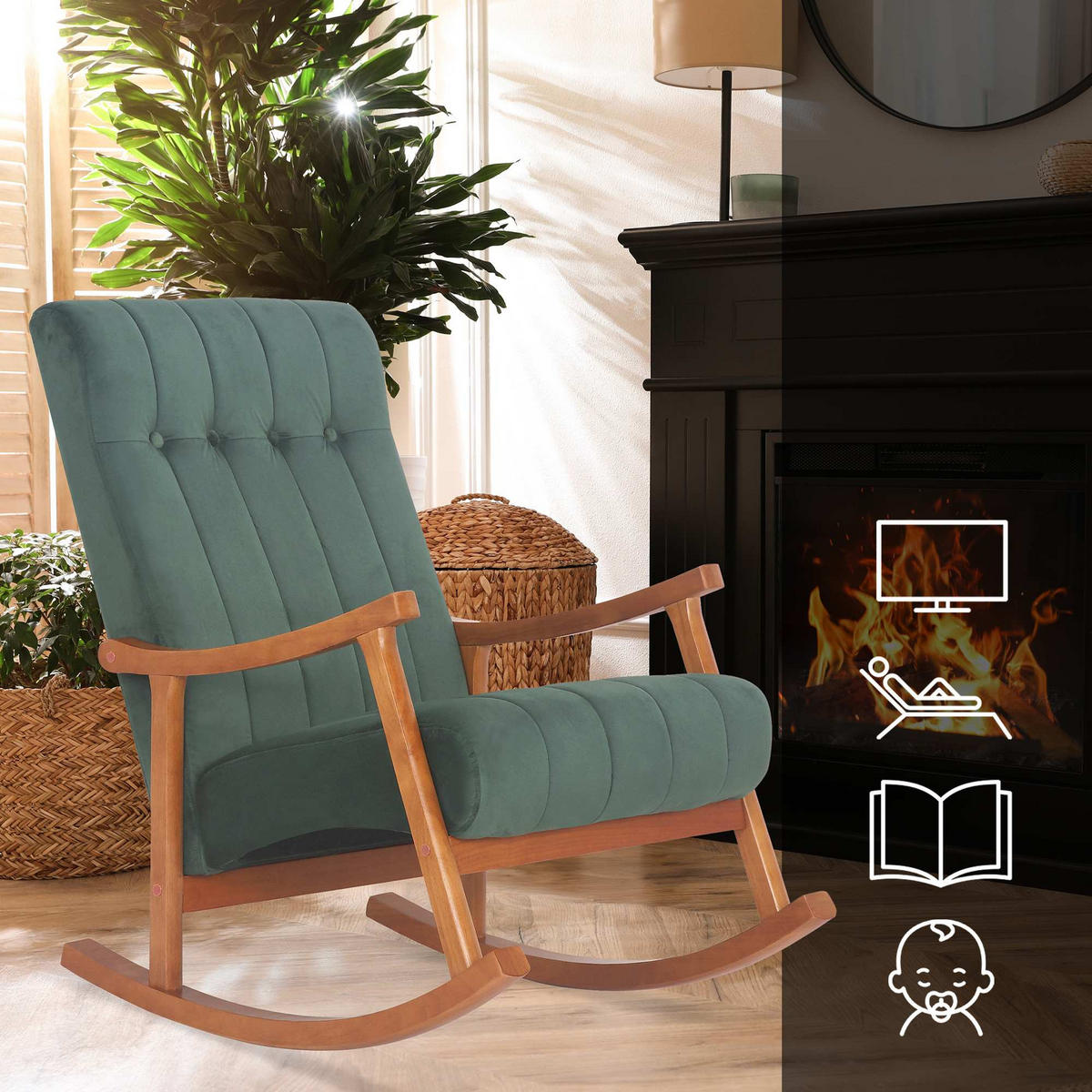 SCHAUKELSTUHL Samt Walnuss/Grün - Walnussfarben/Grün, Holz/Textil (62/98/92cm) - CLP