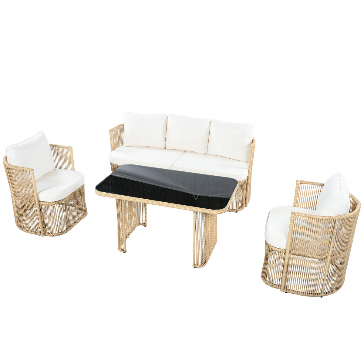 GARTENMÖBEL-SET 172,5/69/75 cm Beige/Schwarz/Weiß aus Metall, Glas und Polyester mit Kissen - Beige, Metall - OKWISH