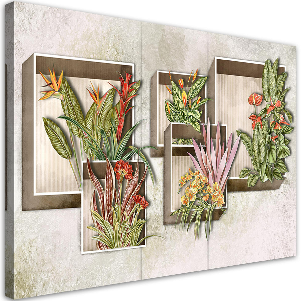 WANDBILD quadratkisten regale mit blumen - Pink, Textil (60/40cm) - Feeby