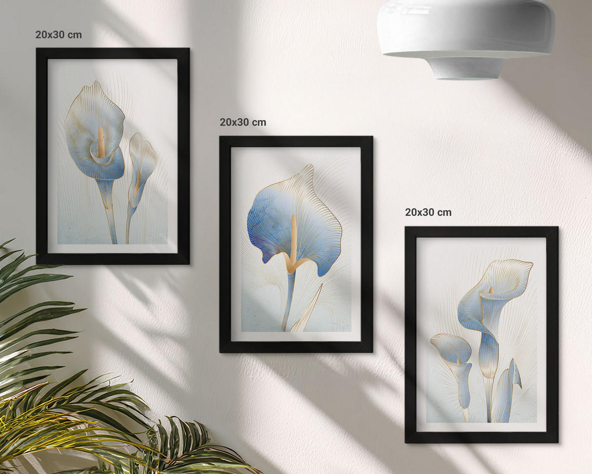 BILDER SET 3er Set - 20x30 cm Schwarzer Rahmen - Blaue Blumen im Hintergrund - Schwarz, Kunststoff (20/30cm) - TULUP