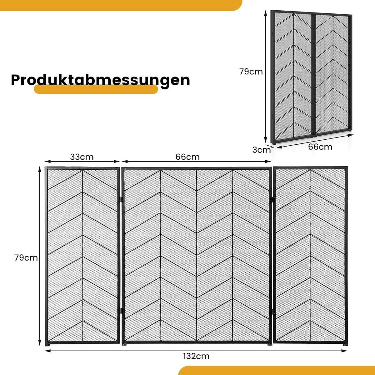 KAMINSCHIRM 132cm Schwarz - Schwarz, Metall (3/79/66cm) - COSTWAY
