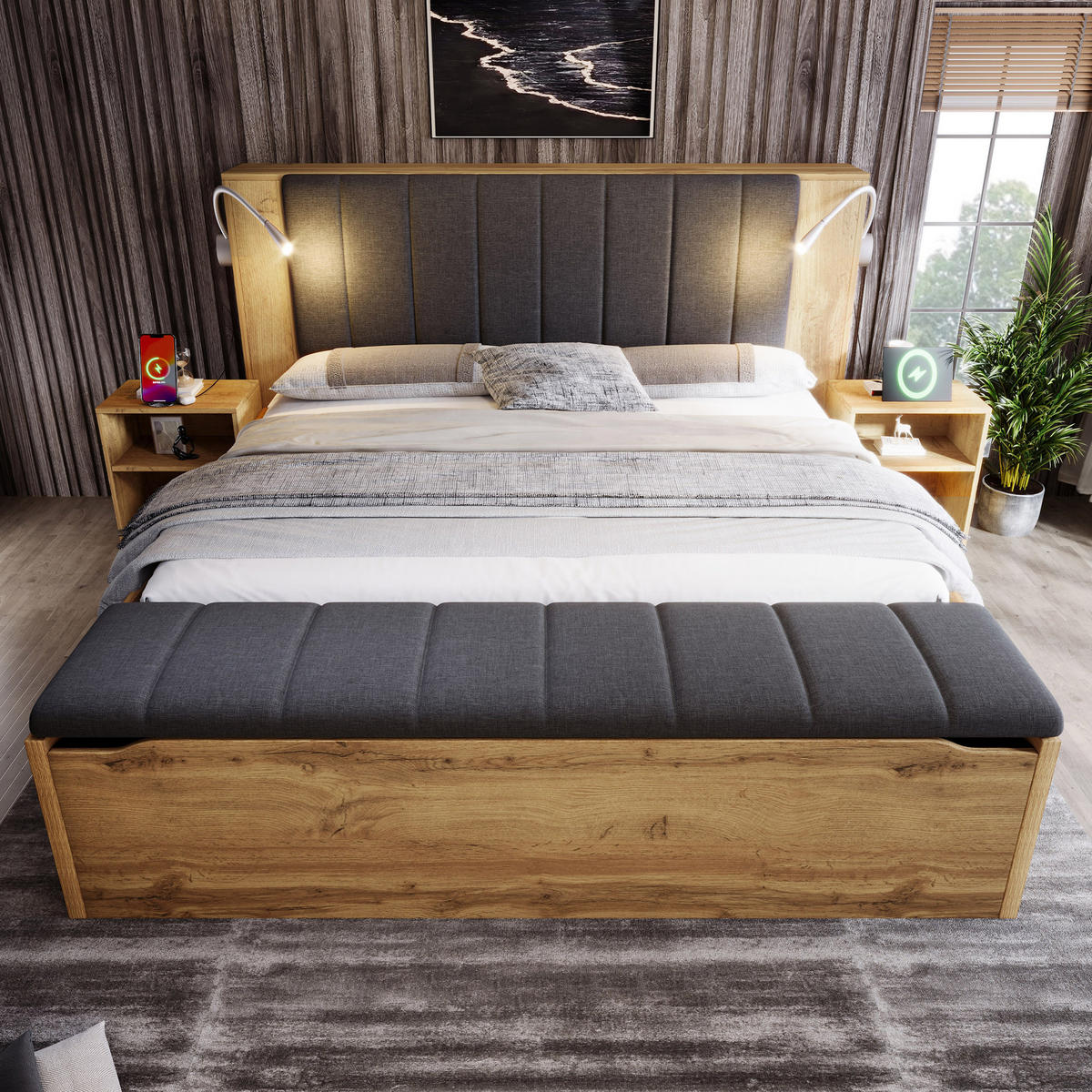 POLSTERBETT 160x200 cm in Eiche mit USB & Leselampen - Eichefarben, Holzwerkstoff (160/200cm) - Modfu