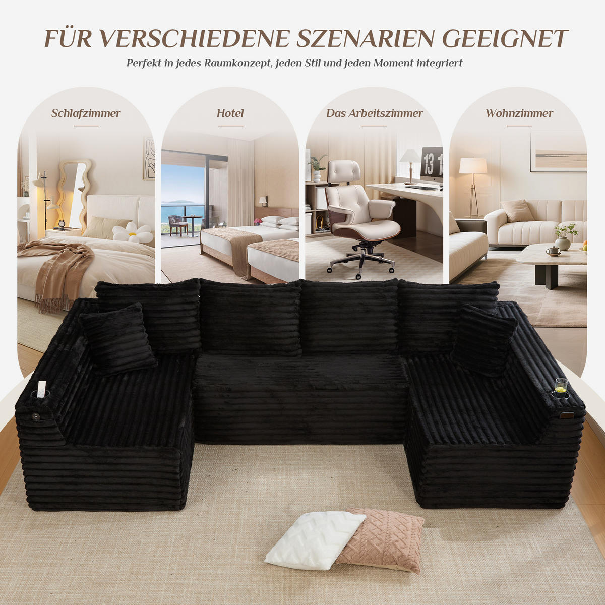 WOHNLANDSCHAFT 320/155/88 cm Schwarz mit Getränkehalter und Seitentasche - Schwarz, Textil (320/88/155cm) - Oxeza