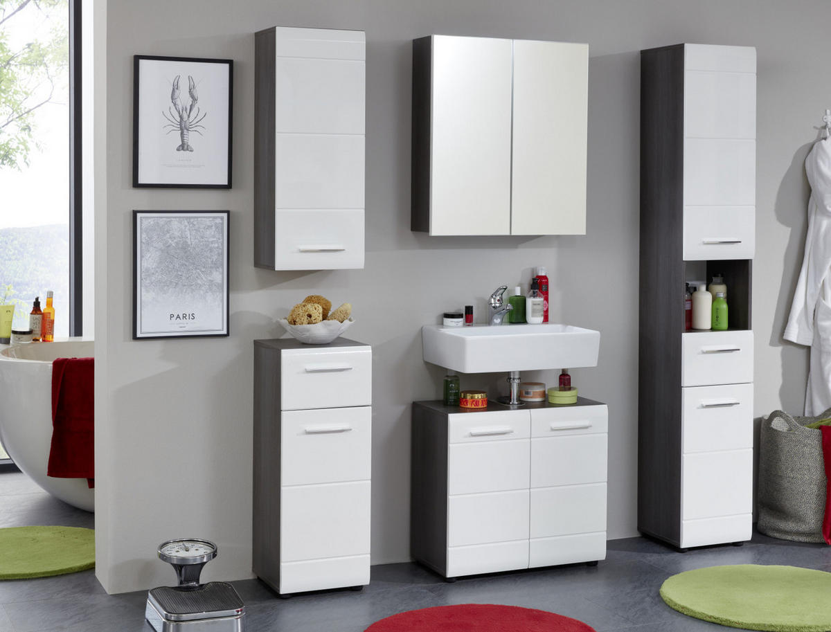 HOCHSCHRANK weiß Hochglanz, grau Rauchsilber 30 cm, Badschrank wechselbarer Türanschlag - Weiß Hochglanz/Silberfarben, Holzwerkstoff/Kunststoff (30/182/31cm) - Top.Furn