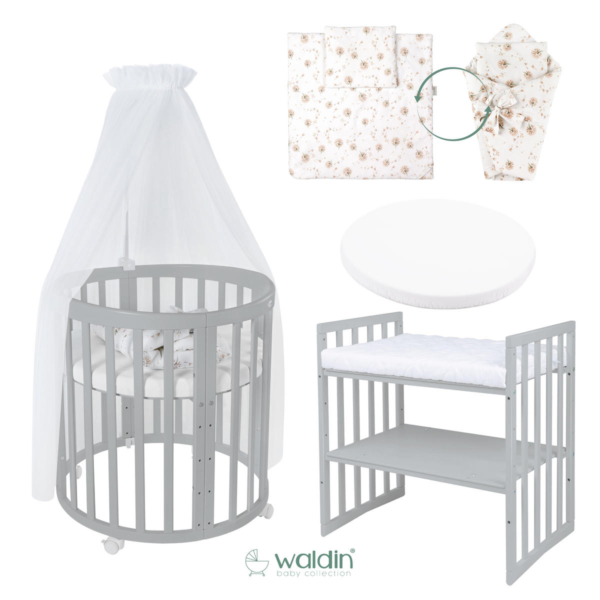 BABYBETT GREY OVAL 7in1 mit Matratze und Himmelset - Weiß/Braun, Holz/Textil