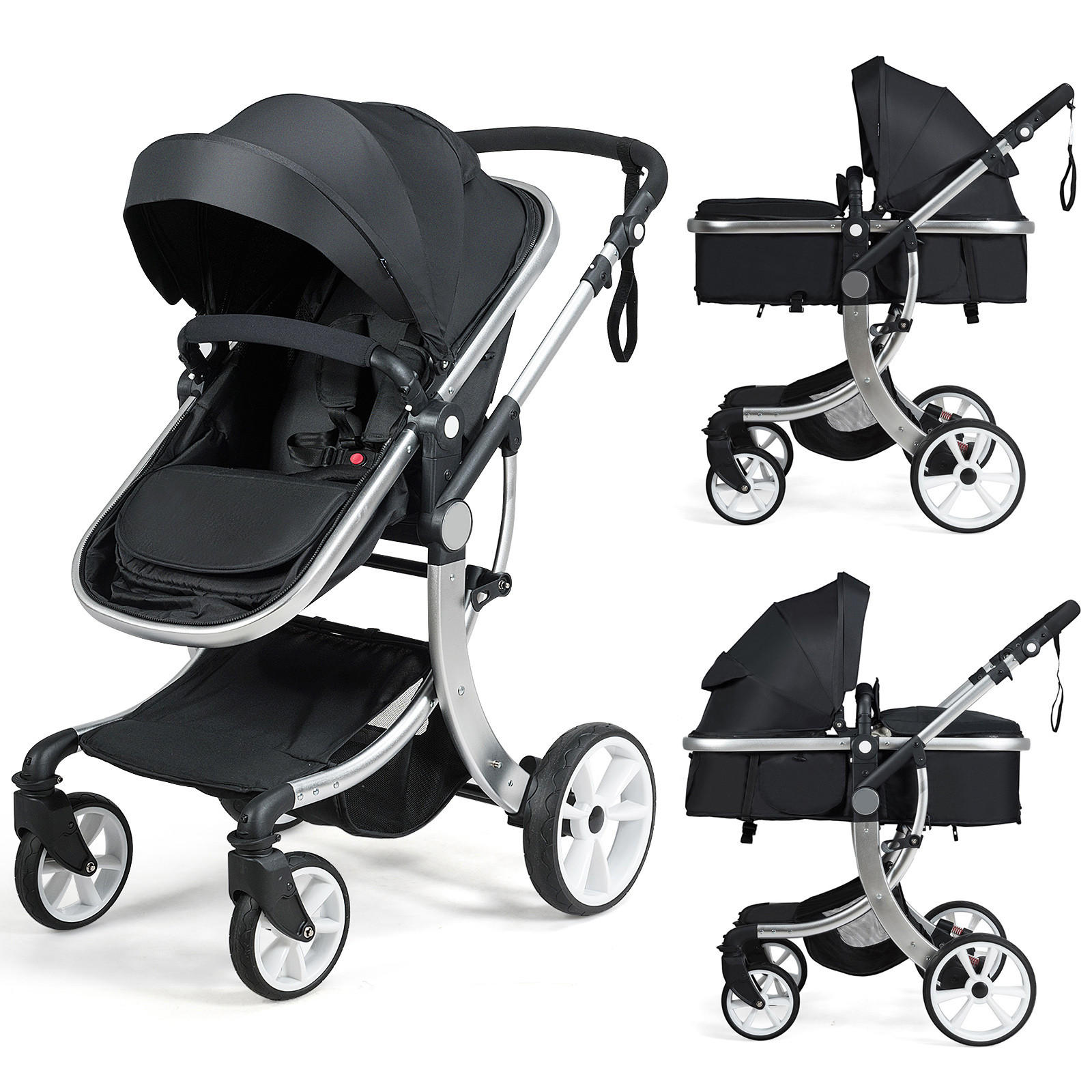 ZWILLINGSKINDERWAGEN Faltbarer Schwarz - Schwarz, Metall (62/103/113cm) - COSTWAY