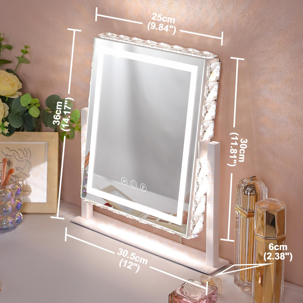 SCHMINKSPIEGEL mit LED Lichtleiste, rundum mit Strasssteinen besetzt, weiß, 25/30 cm - Weiß, Metall (25/30/3cm) - VANITII