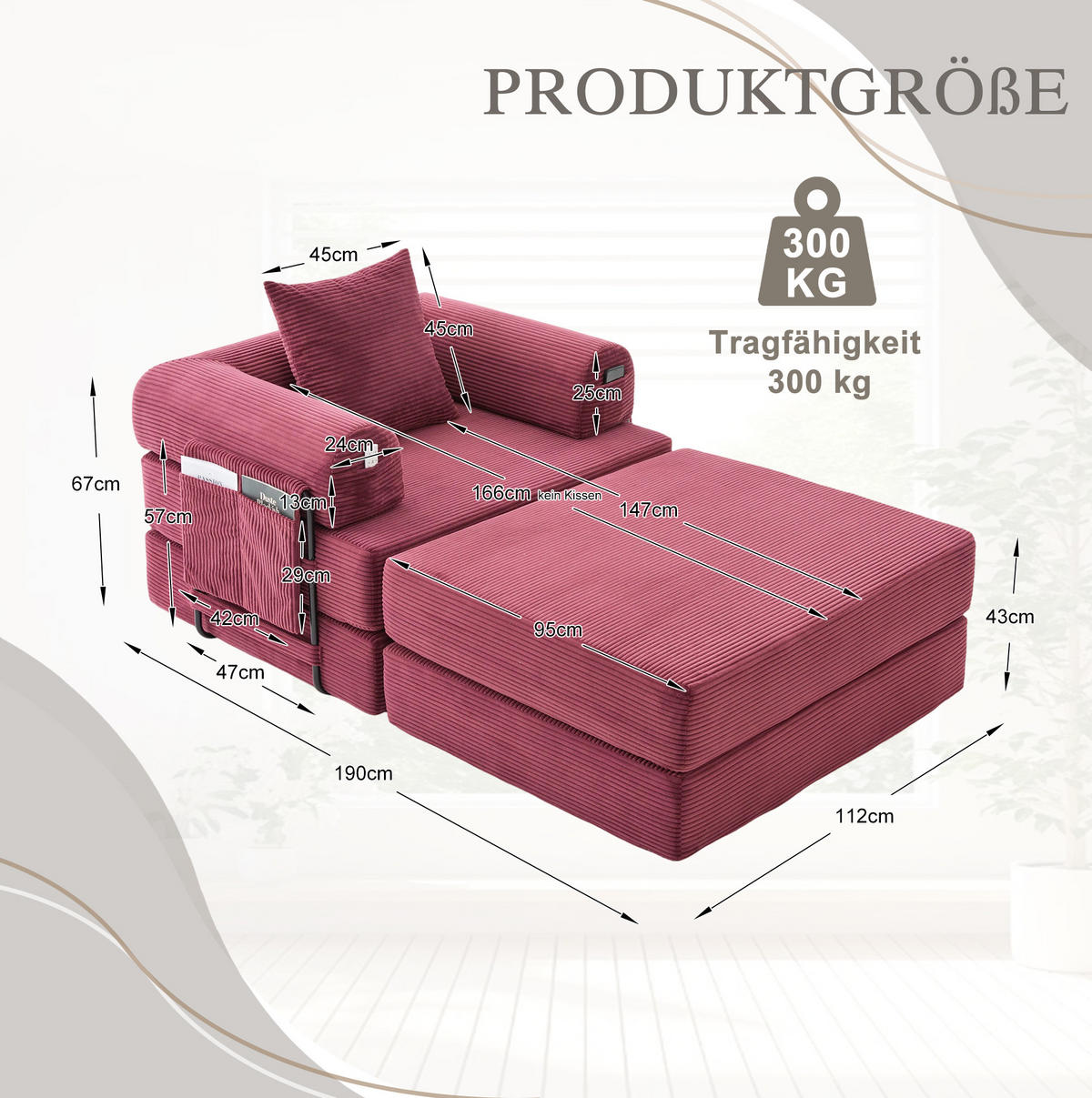 SOFA mit Hocker Cord 112 x 190 x 67 cm Wine Red - Rot, Kunststoff (190/67/112cm) - Meubliv
