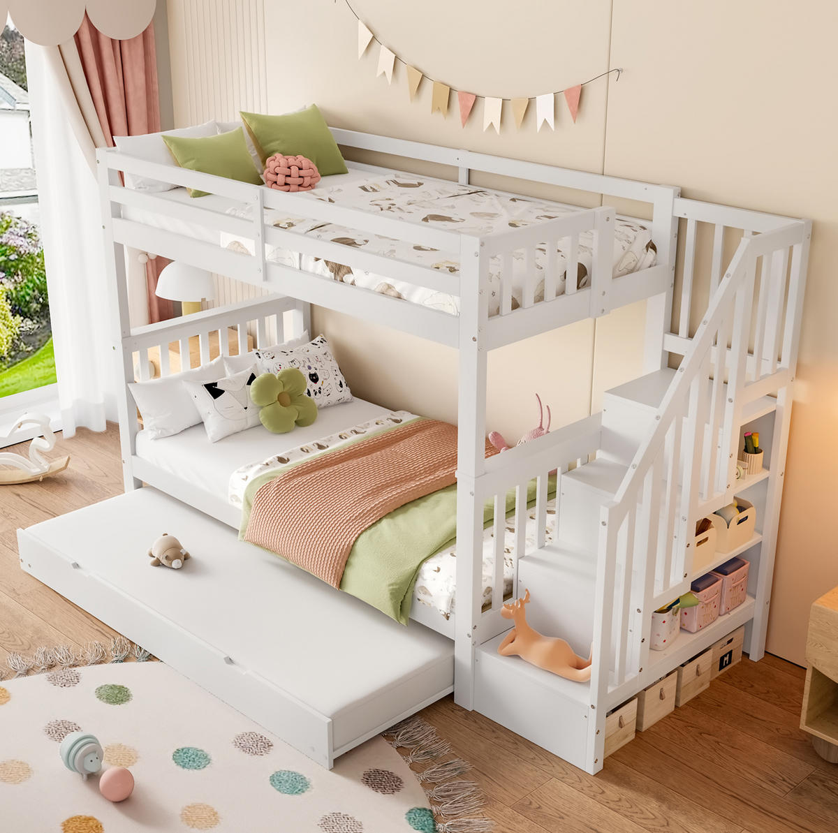 ETAGENBETT 90/200 cm Weiß aus Kiefer und MDF mit Ausziehbett und Treppenregal - Weiß, Holzwerkstoff (90/200cm) - OKWISH