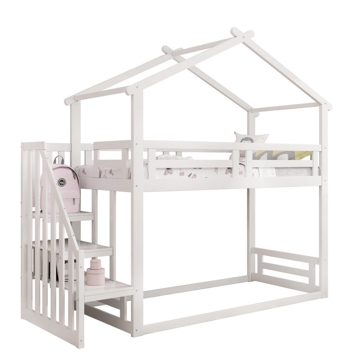 ETAGENBETT 90/200 cm mit Hausdesign, Sicherheitsleiter und Stauraumregal, Weiß - Weiß, Holzwerkstoff (90/200cm) - Redom