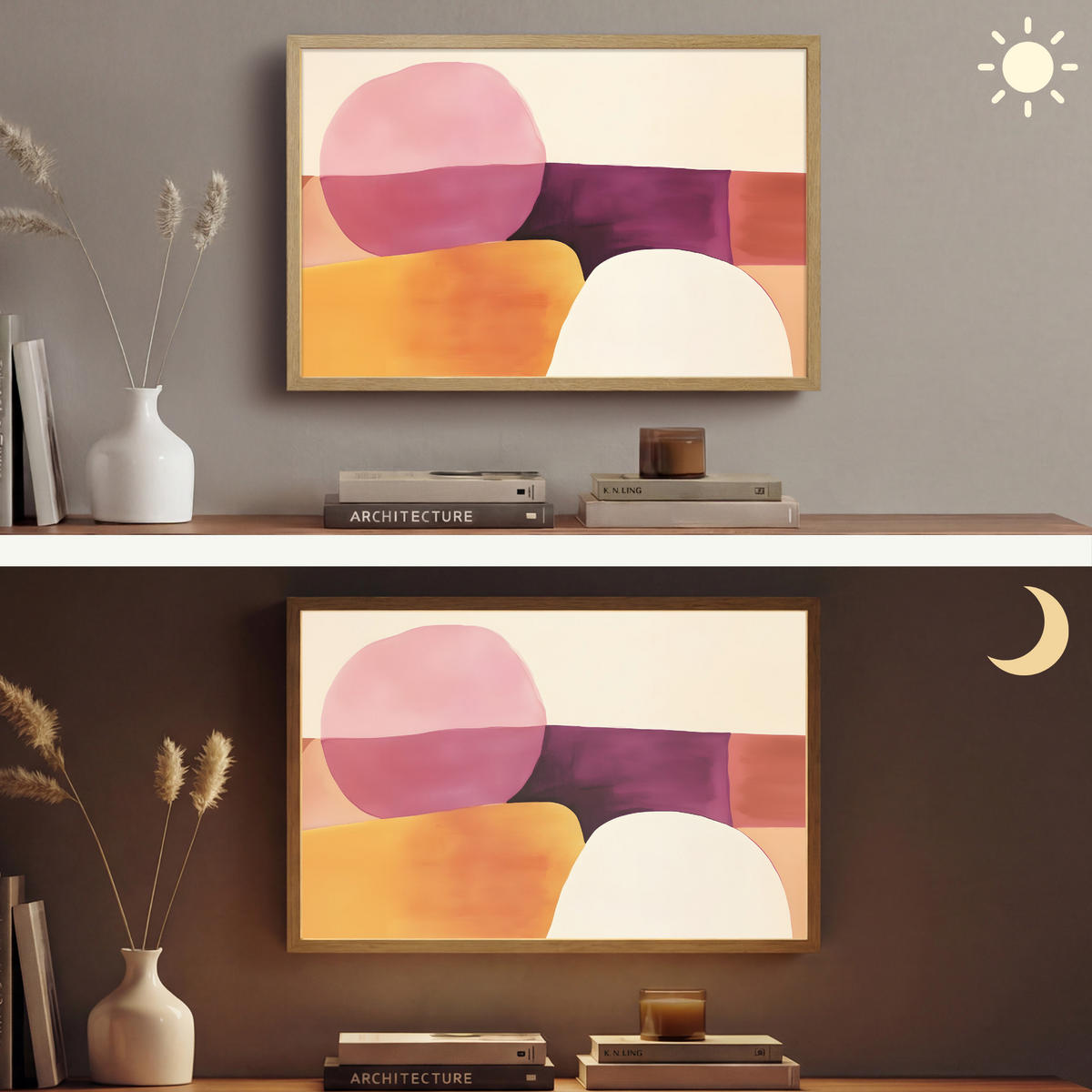 NÁSTĚNNÁ LAMPA S AKUMULÁTOREM Tvary - abstraktní - barevné 60x40 cm - růžová, kompozitní dřevo (60/40/8cm) - OnlyWow