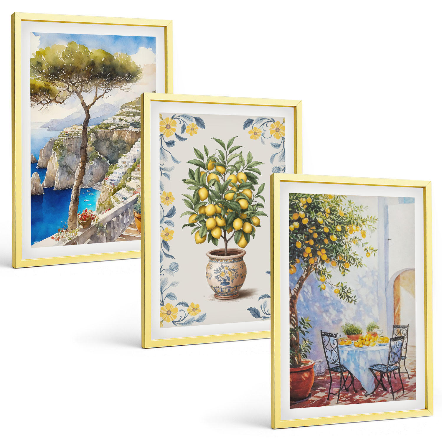 BILDER SET 3er Set - 40x60 cm Goldrahmen - Gemälde von Zitronenbäumen - Goldfarben, Kunststoff (40/60cm) - TULUP