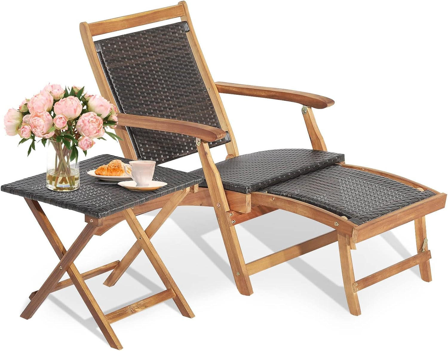 LEHÁTKO s opierkou na nohy + odkladací stolík, hnedé - hnedá, prírodné materiály (135/81/61cm) - COSTWAY