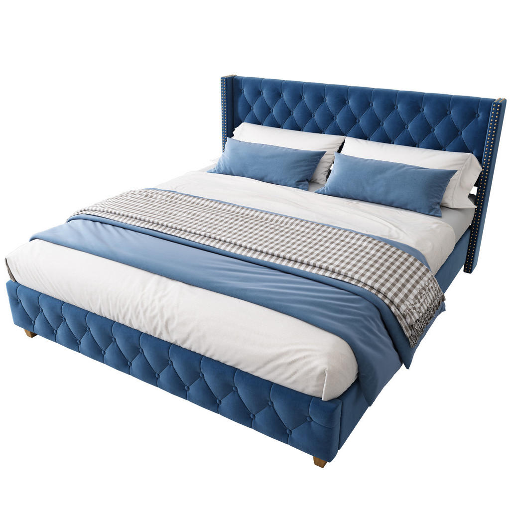 OKWISH ČALOUNĚNÁ postel 160/200 cm modrá ze sametu s roštem a knoflíkovým čelem