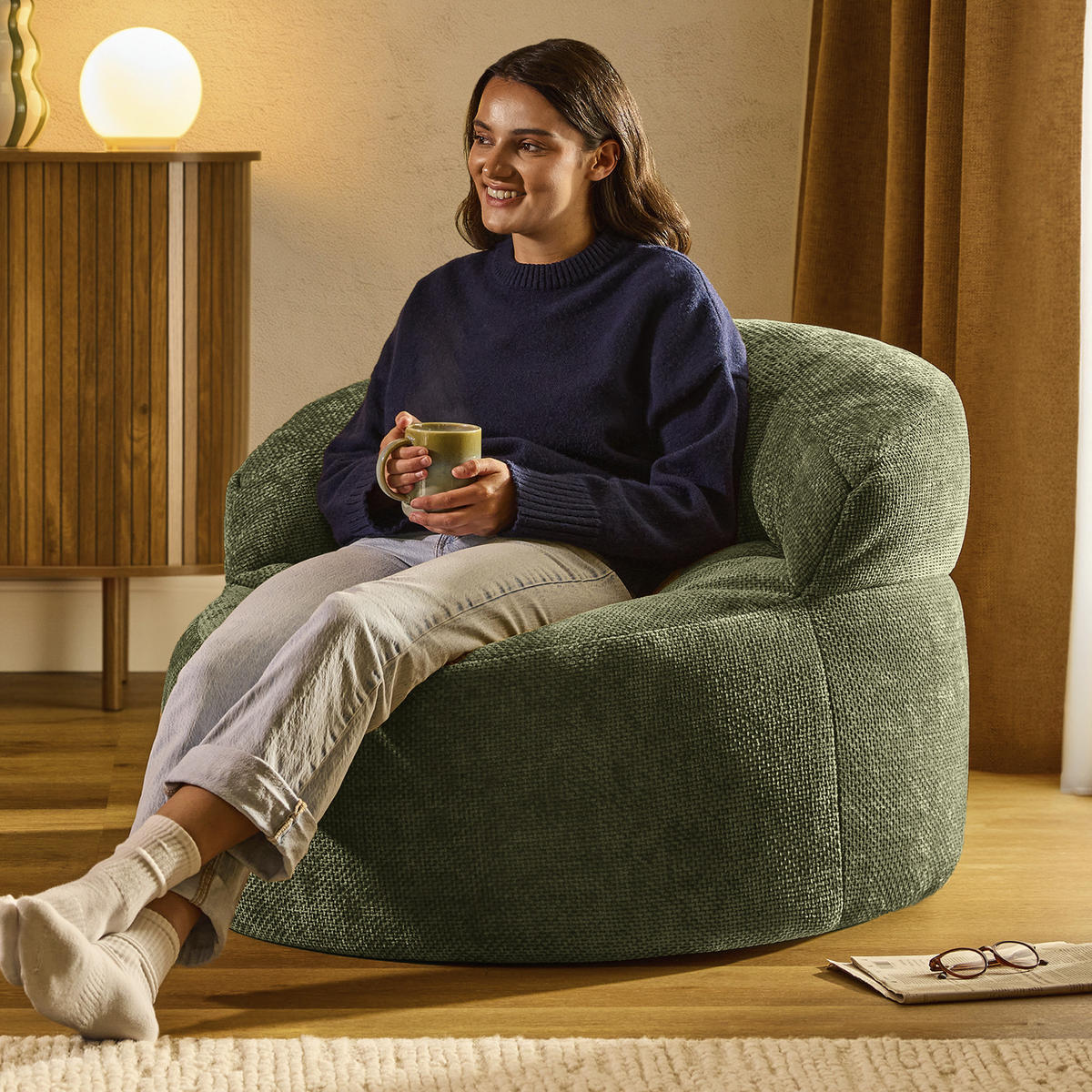 SITZSACK aus Chenille Orb - Olivgrün, Textil (86/61/86cm) - icon