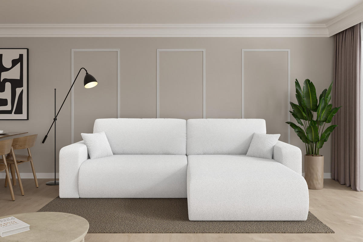 ROHOVÁ SEDAČKA s funkcí spaní, otoman vpravo BERY-L 276x193x88 bílá bouclé - bílá/černá, kompozitní dřevo/textil (276/193cm) - ALTDECOR