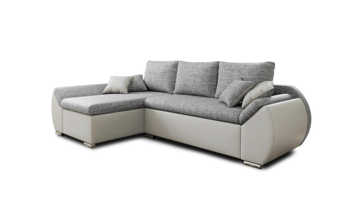 ECKSCHLAFSOFA ALEX – Grau + Weiß (Lawa 05 + Soft 17) + Hocker - Links - Weiß, Holzwerkstoff/Metall (275/155cm) - Möblo