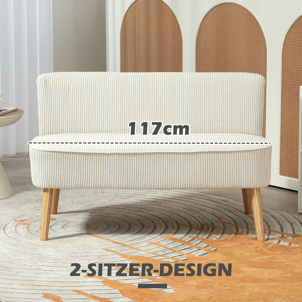SOFA 2 Sitzer modern Couch ohne Armlehne Polstersofa mit Cord-Optik Cremeweiß - Beige, Textil (56.5/77/117cm) - HOMCOM