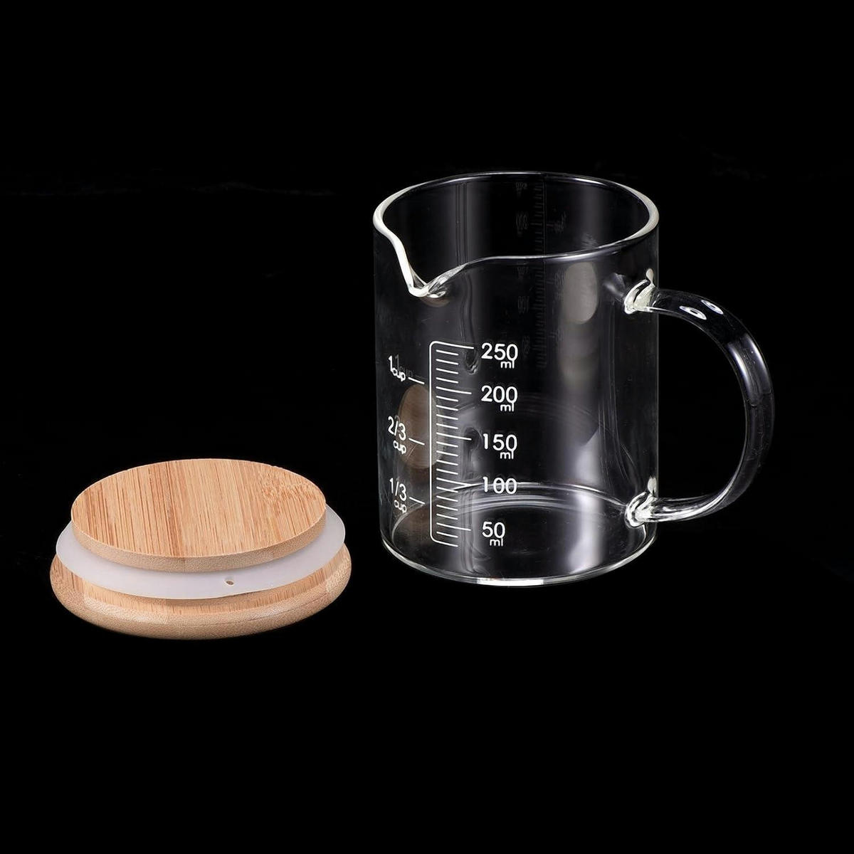 MESSBECHER 250 ml Borosilikatglas mit Holzdeckel und Ausguss - Weiß, Glas (0.25L)