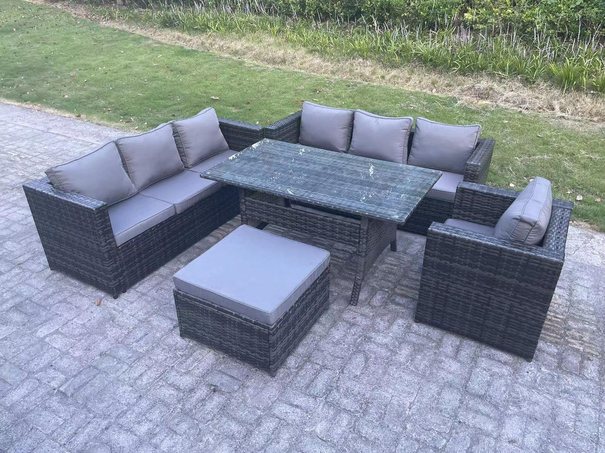 LOUNGEGARNITUR mit Hocker Polyrattan Dunkelgrau 8-Sitzer - Dunkelgrau/Grau, Glas/Kunststoff - Fimous