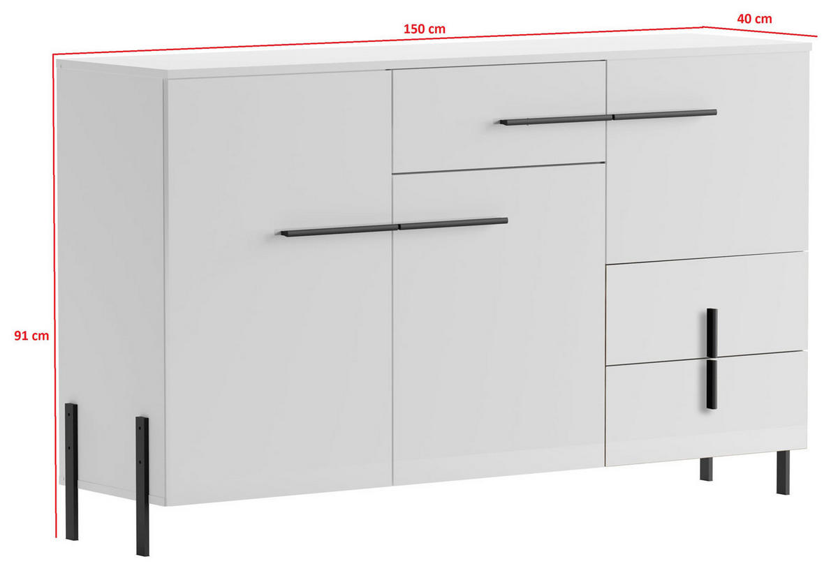 KOMMODE Vigo weiß / weiß Hochglanz 150 / 40 / 91cm - Weiß Hochglanz/Schwarz, Holz/Holzwerkstoff (150/91/40cm) - Feldmann-Wohnen
