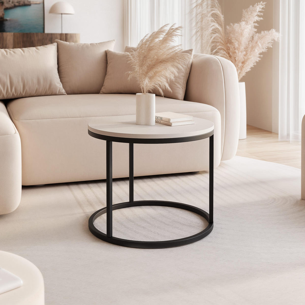 COUCHTISCH 50 cm rund Kaschmir, Schwarz Gestell - Beige, Holzwerkstoff (50/50/42cm) - Idohome