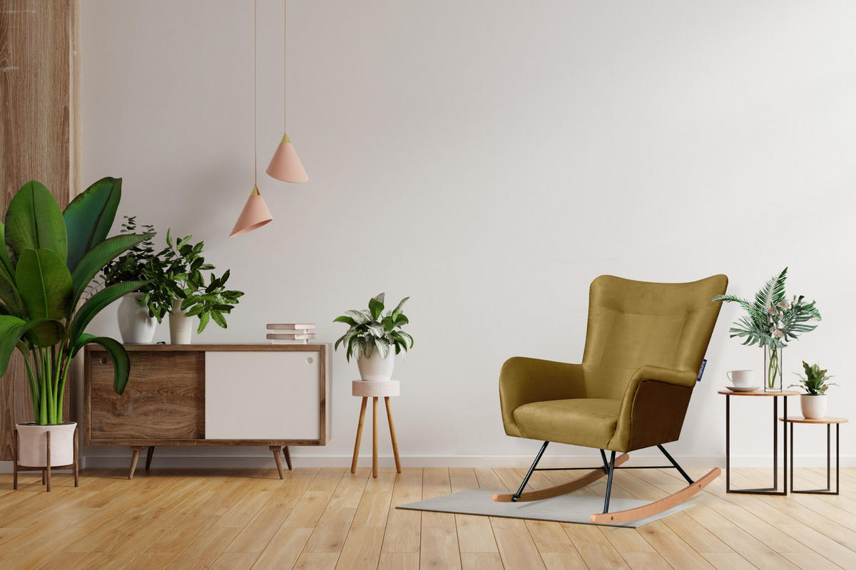 SCHAUKELSESSEL ADDUCTI pflegeleichter Veloursstoff, Gelb - Eichefarben/Gelb, Holz/Textil (75/94/112cm) - KONSIMO®