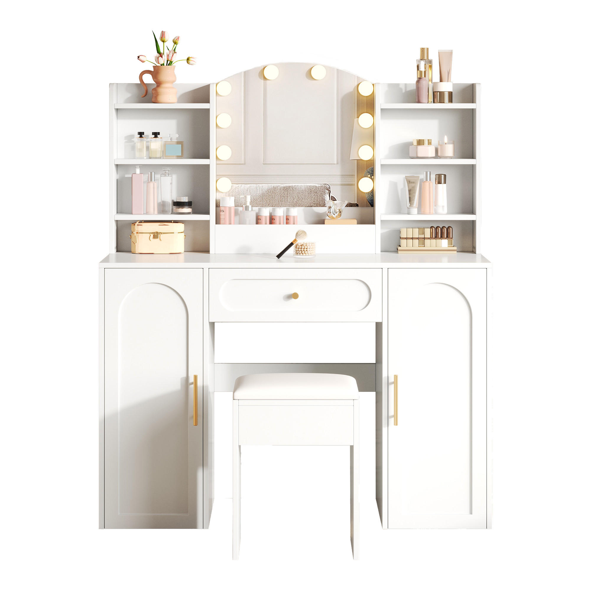 SCHMINKTISCH 110/40/132 cm Weiß aus MDF und Spanplatte mit LED-Spiegel - Weiß, Holzwerkstoff (40/132/110cm) - OKWISH