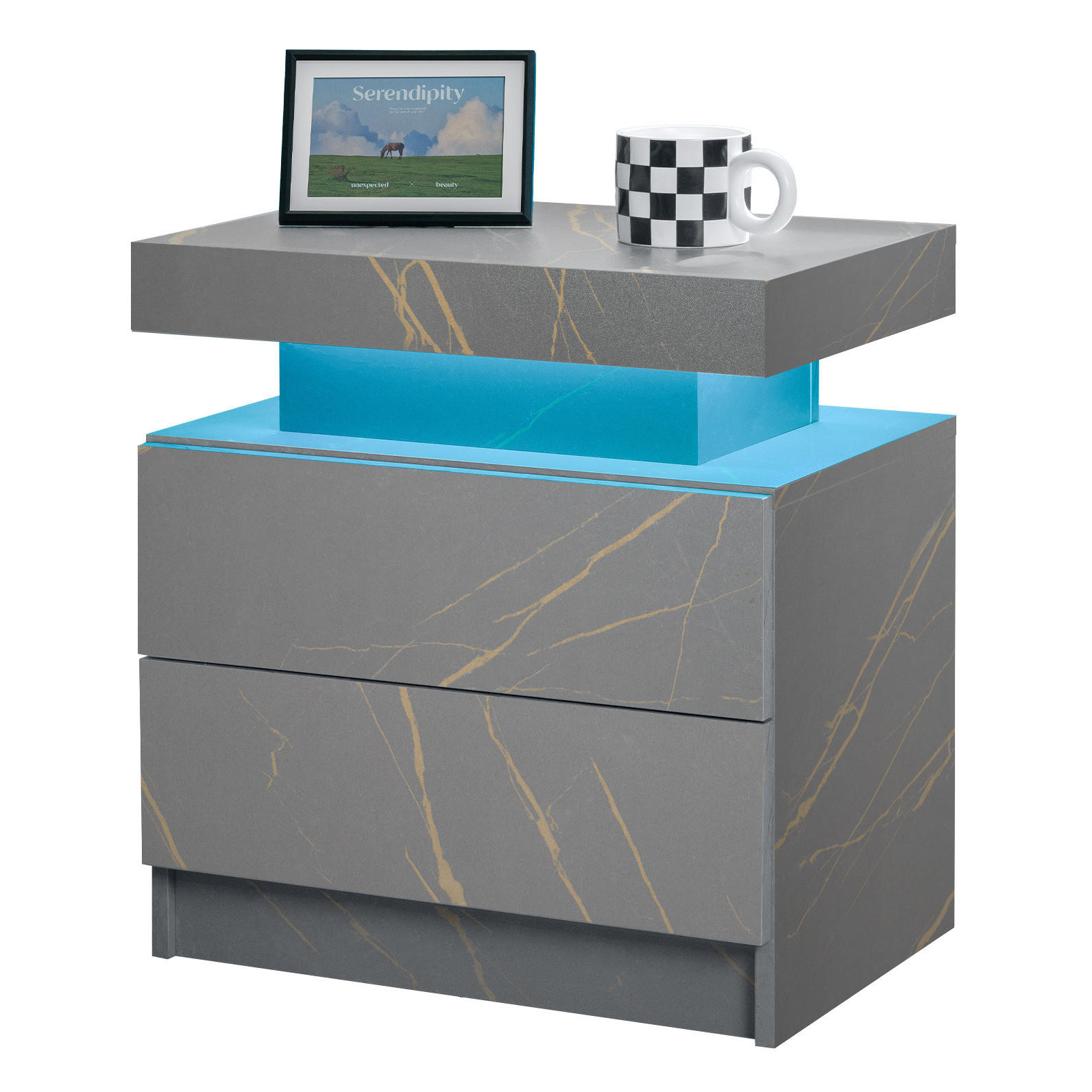 NACHTTISCH 50/53/36 cm mit LED-Beleuchtung & 2 Schubladen in Grau/Gold - Grau, Holzwerkstoff (53/36/50cm) - BEAOK