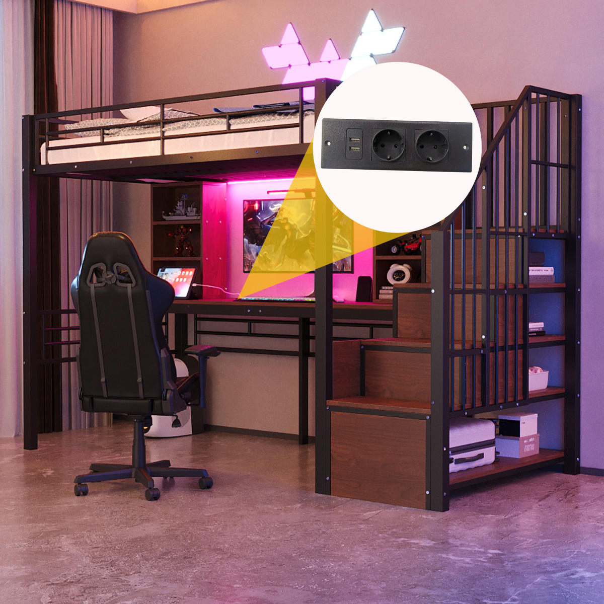 HOCHBETT 90/200 cm in Schwarz mit Stauraumtreppe, Schreibtisch, Steckdose und LED - Schwarz, Holzwerkstoff/Metall (90/200cm) - STILVORA