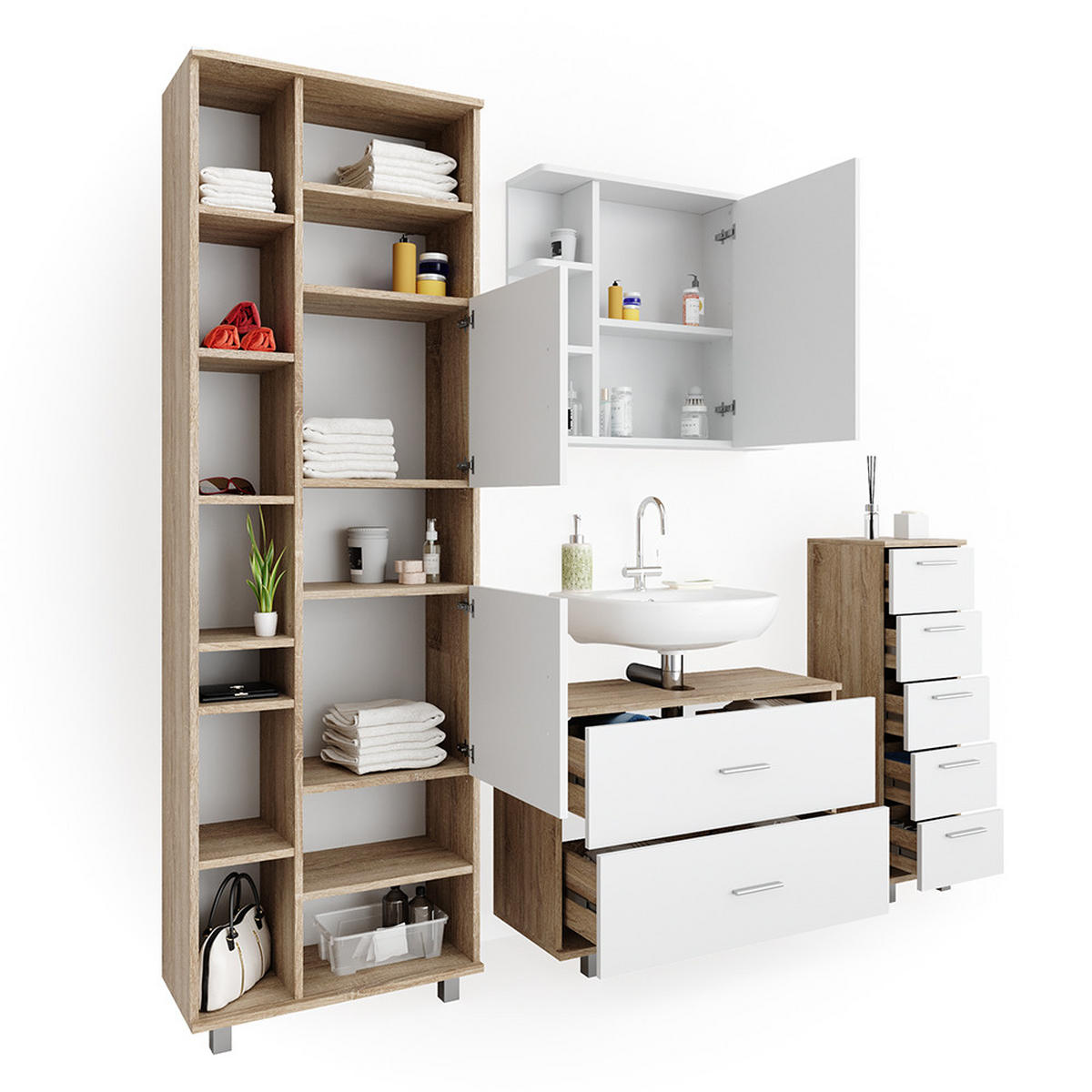 BADMÖBEL-SET Ilias Weiß/Sonoma 4 Teile, mit Hochschrank - Weiß/Sonoma Eiche, Holzwerkstoff (80.2/60.8/33cm) - Vicco