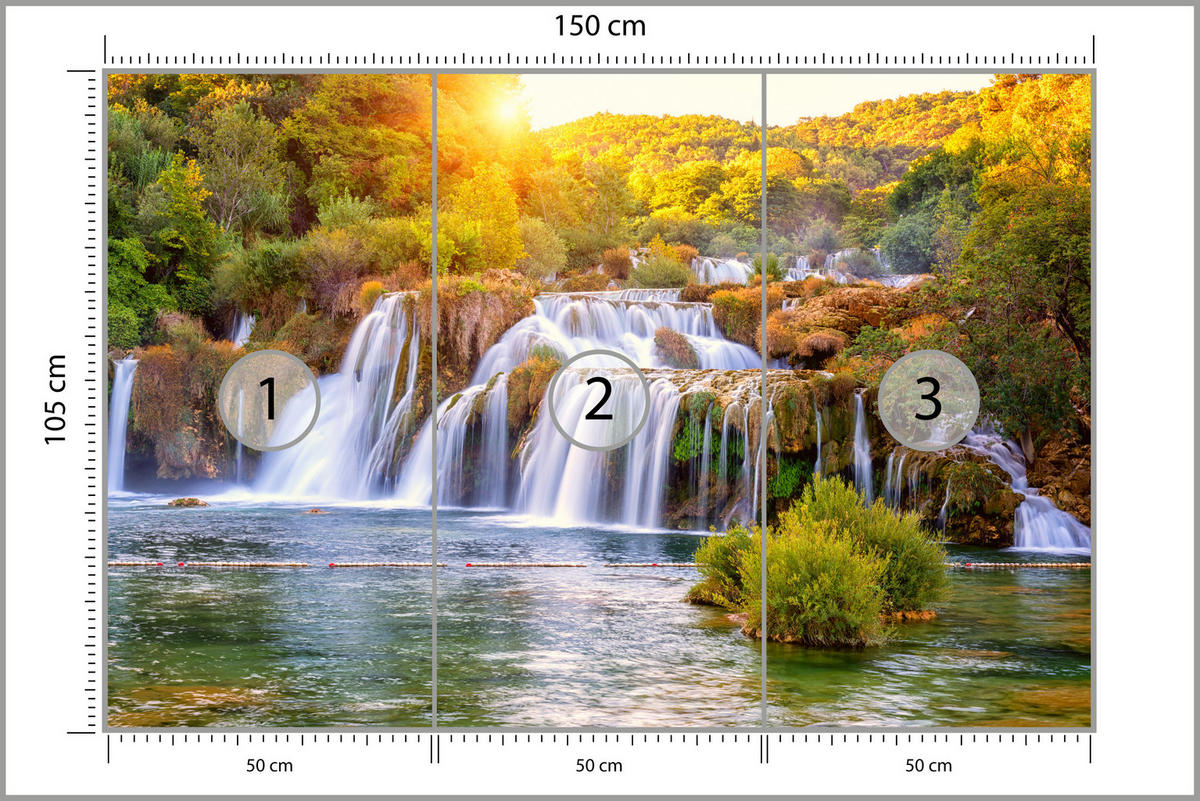 FOTOTAPETE für Esszimmer Wasserfall Sonnenaufgang Morgenlicht Bäume 150x105 - Gelb/Beige, Papier (150/105cm) - Muralo