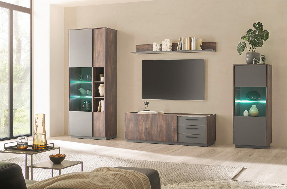 VITRINE in Eiche und grau Midischrank 55 x 130 cm - Schwarz/Grau, Glas/Holzwerkstoff (55/130/40cm) - Furn.Design