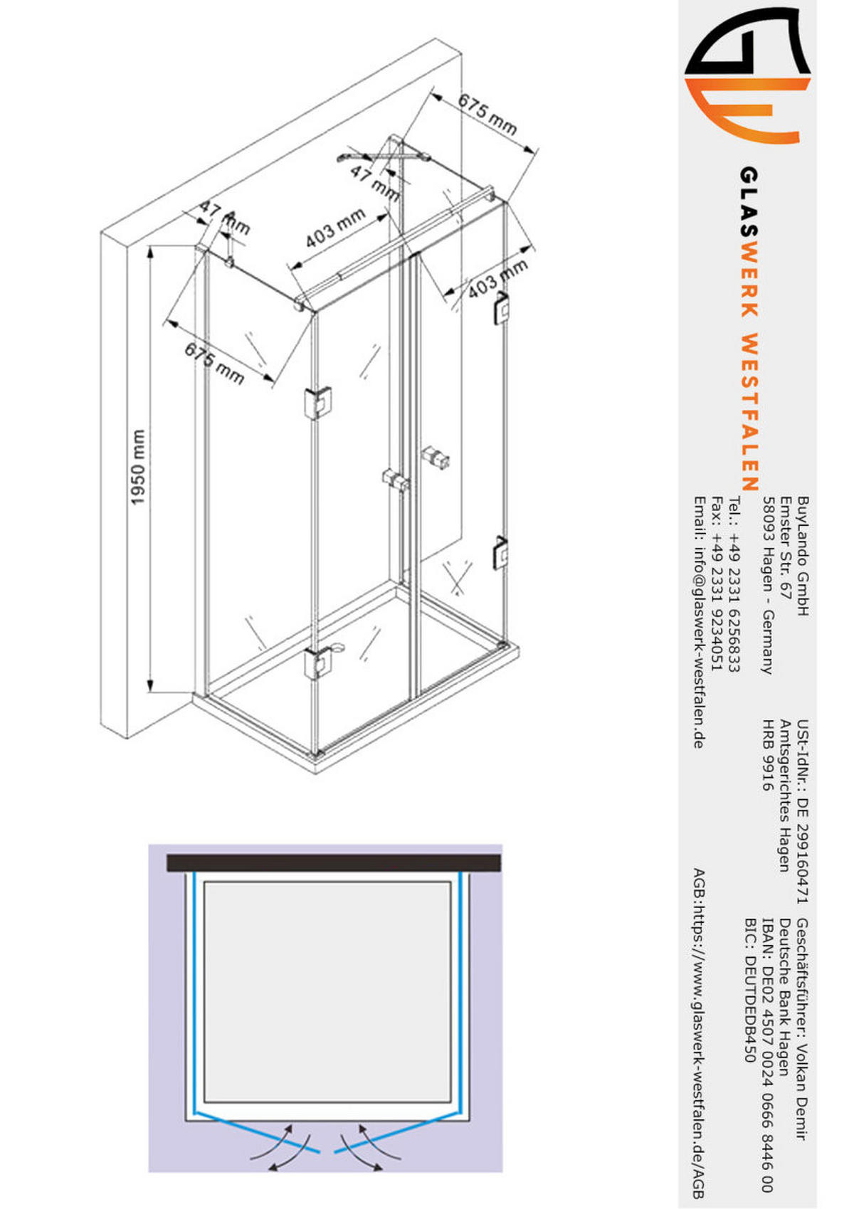 DUSCHKABINE Emma 75x90x75 x195 cm U-Form Schwarz - Schwarz, Glas (75/90/195cm) -  Glaswerk Westfalen