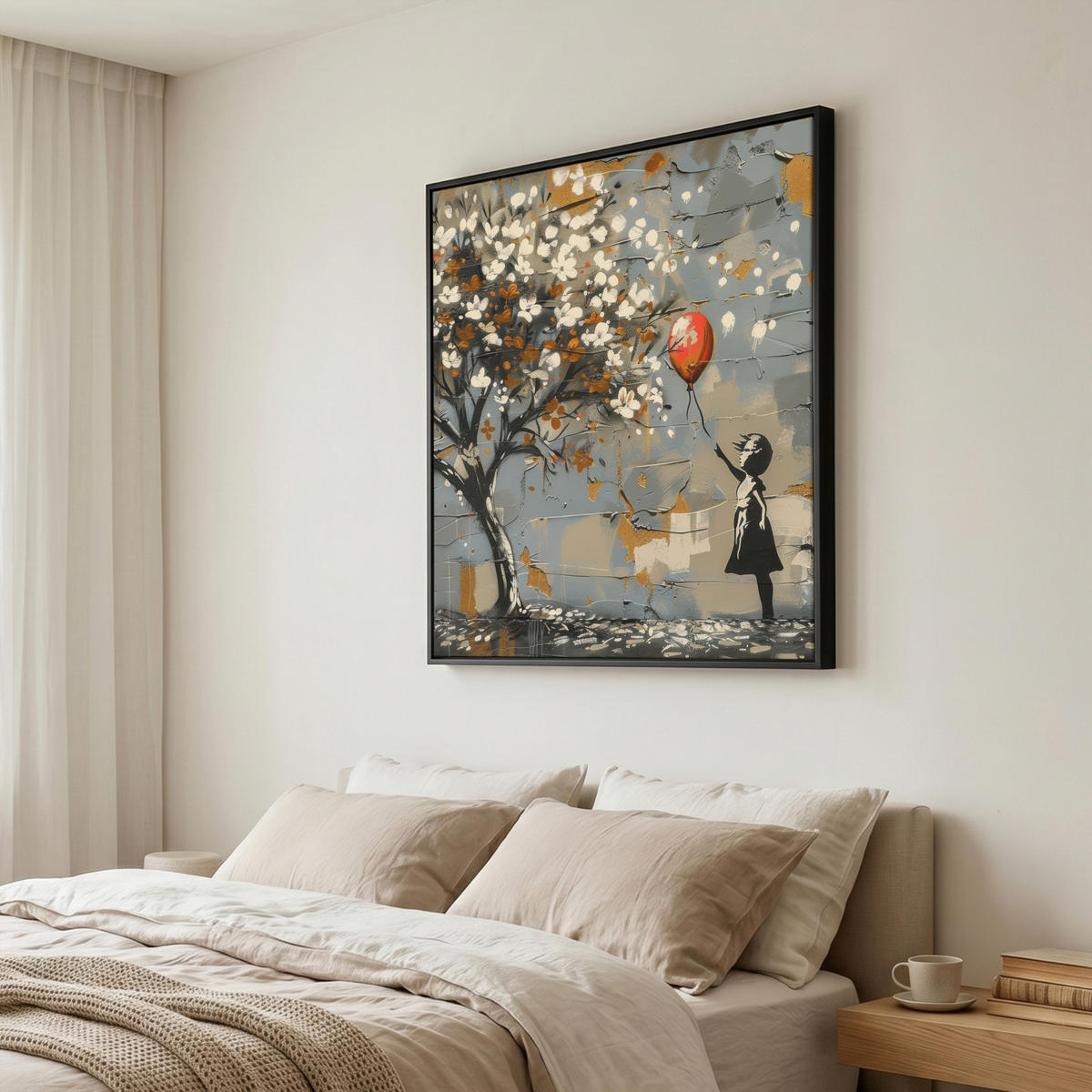 LEINWAND Bilder mit Rahmen - Baum - Graffiti - Banksy-Stil - Ballon-Mädchen - 90x90 - Blaugrau, Textil (90/90cm) - MuchoWow