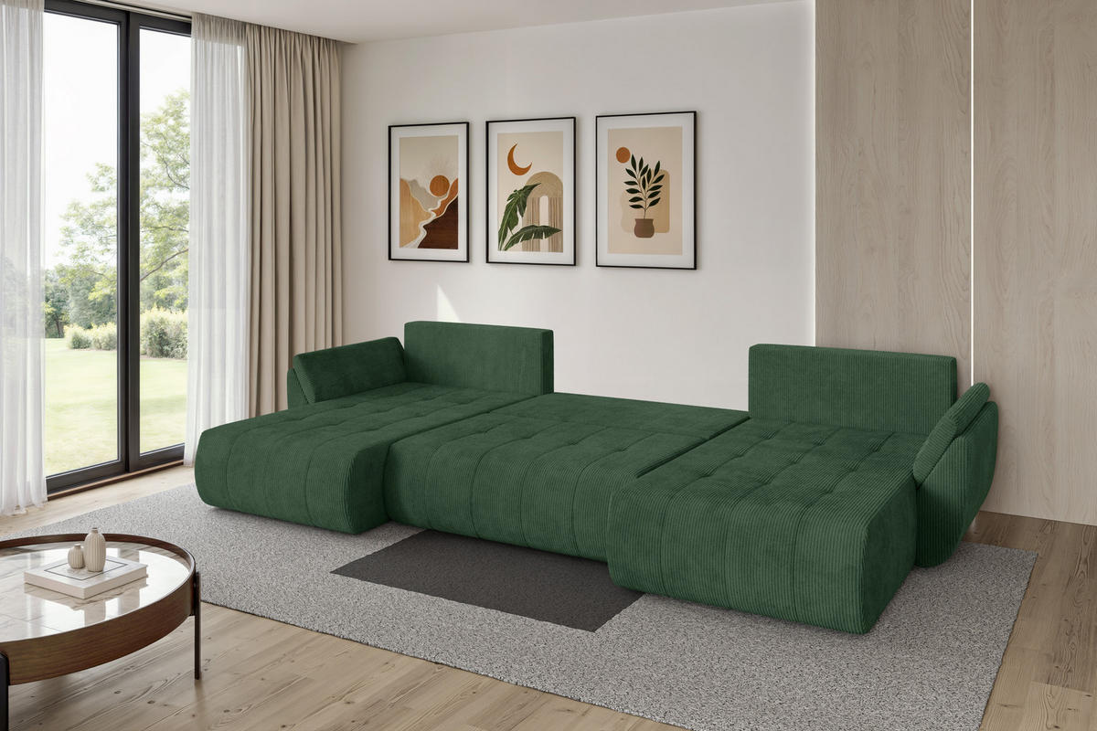SEDACÍ SOUPRAVA DO U s funkcí spaní a úložným prostorem TOKO-U 378x194x86 zelená manšestr - černá/tmavě zelená, kompozitní dřevo/textil (378/86/194cm) - ALTDECOR