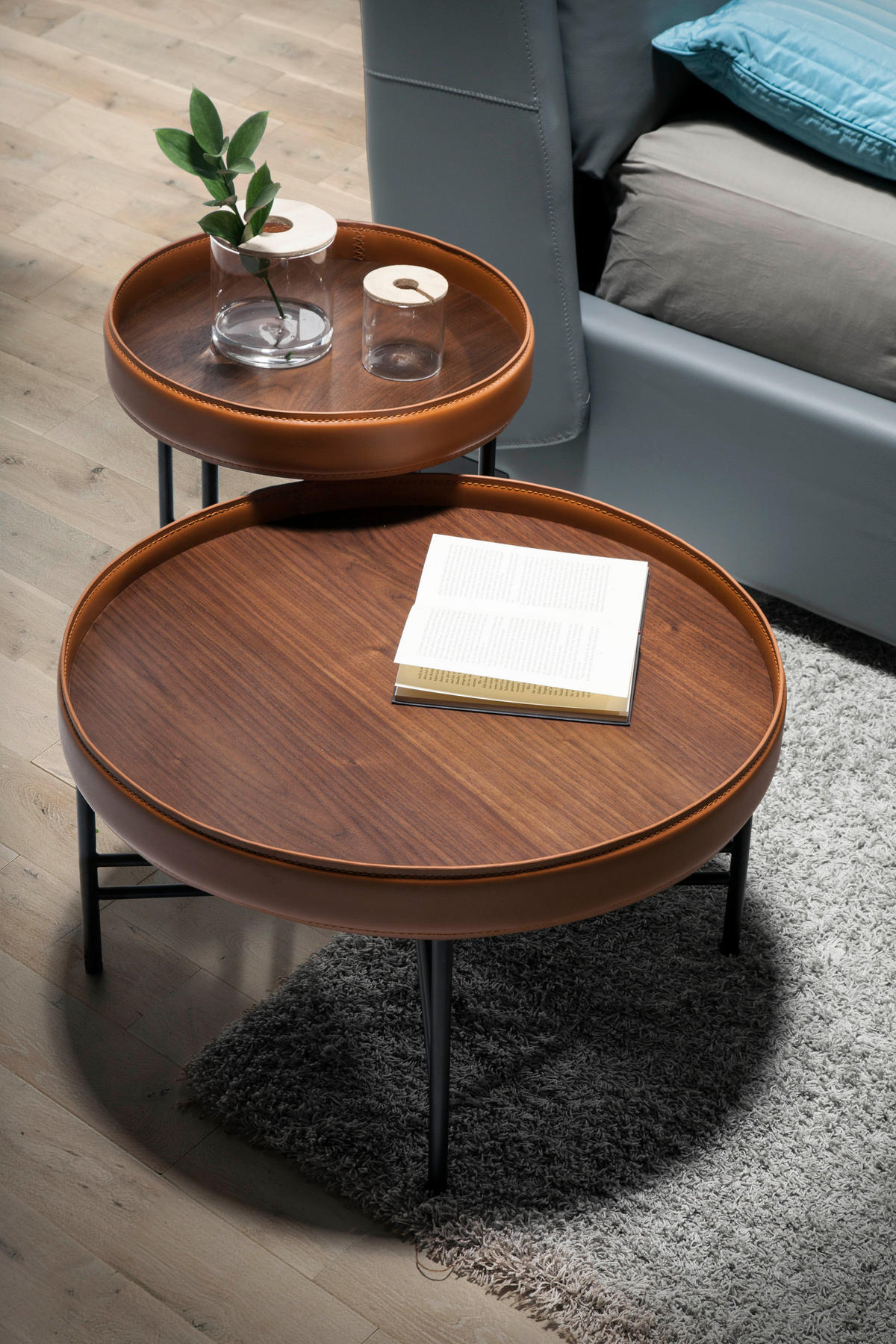 COUCHTISCH Runder Schwarz , Walnuss , Cognac 62/62/35 cm - Nussbaumfarben/Schwarz, Metall (62/62/35cm) - ANGEL CERDA