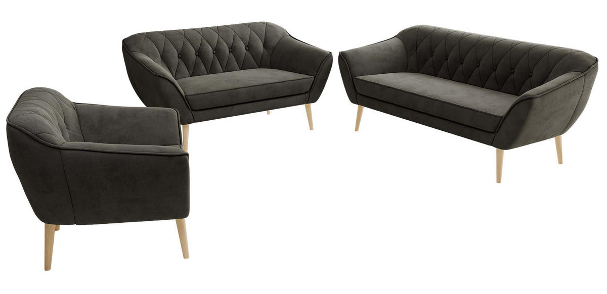 SITZGARNITUR PIRS 3+2+1 - Dunkelgrau Velvet - Holzbeine - Dunkelgrau/Buchefarben, Holzwerkstoff/Textil (180/75/74cm) - MKS