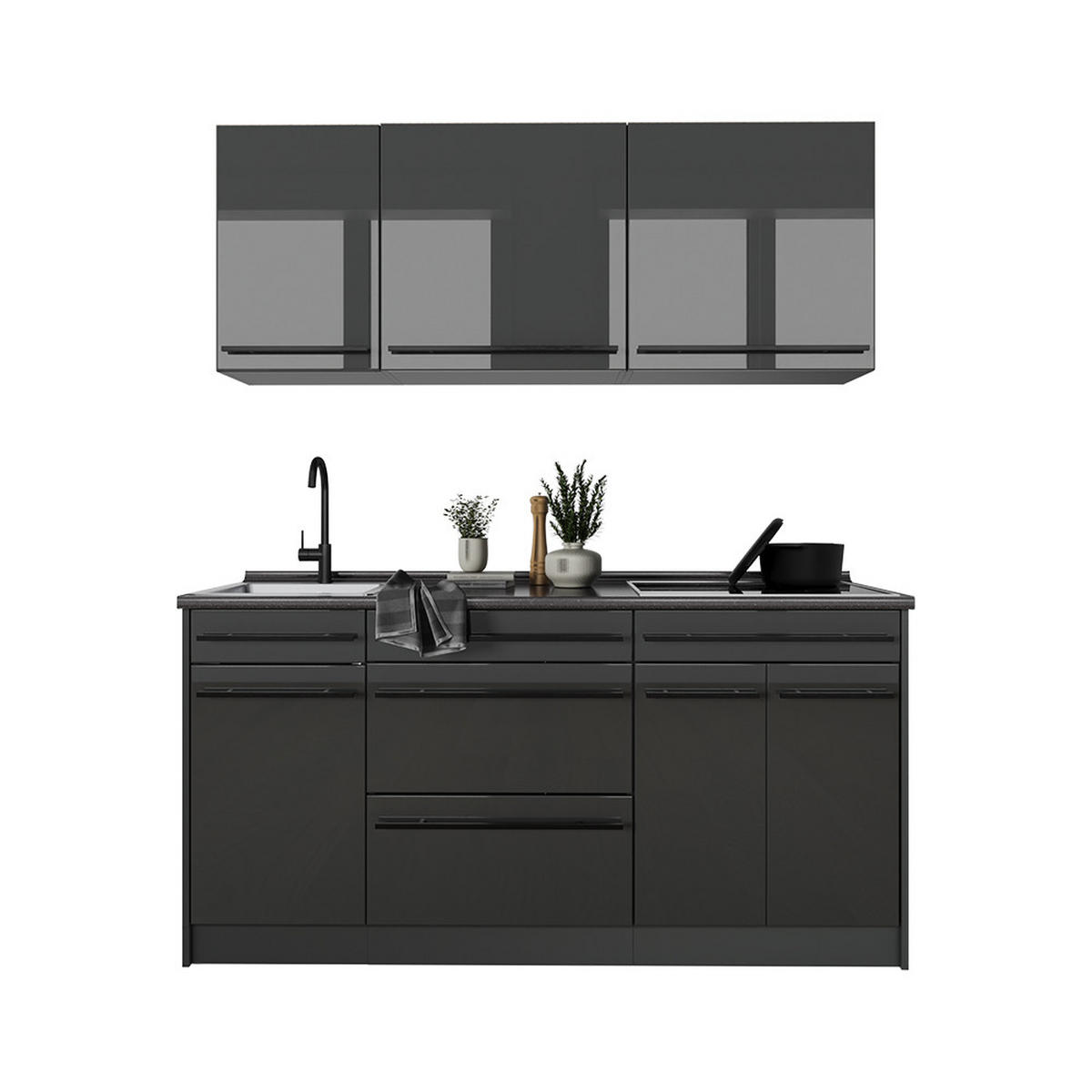SINGLEKÜCHE R-Line, Anthrazit Hochglanz/Anthrazit, 160 cm ohne Arbeitsplatte - Schwarz Hochglanz/Anthrazit, Holzwerkstoff (160/81.6/46cm) - Vicco
