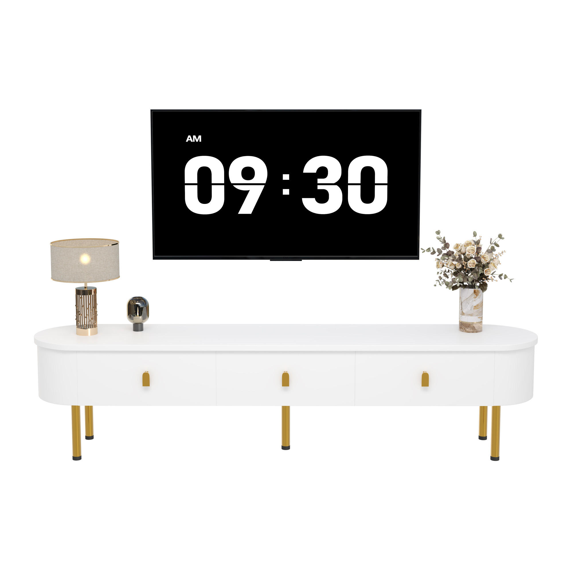 TV-SCHRANK 174/35/41 cm weiß MDF mit goldenen Griffen und zylindrischen Beinen - Weiß, Holzwerkstoff (174/41/35cm) - OKWISH