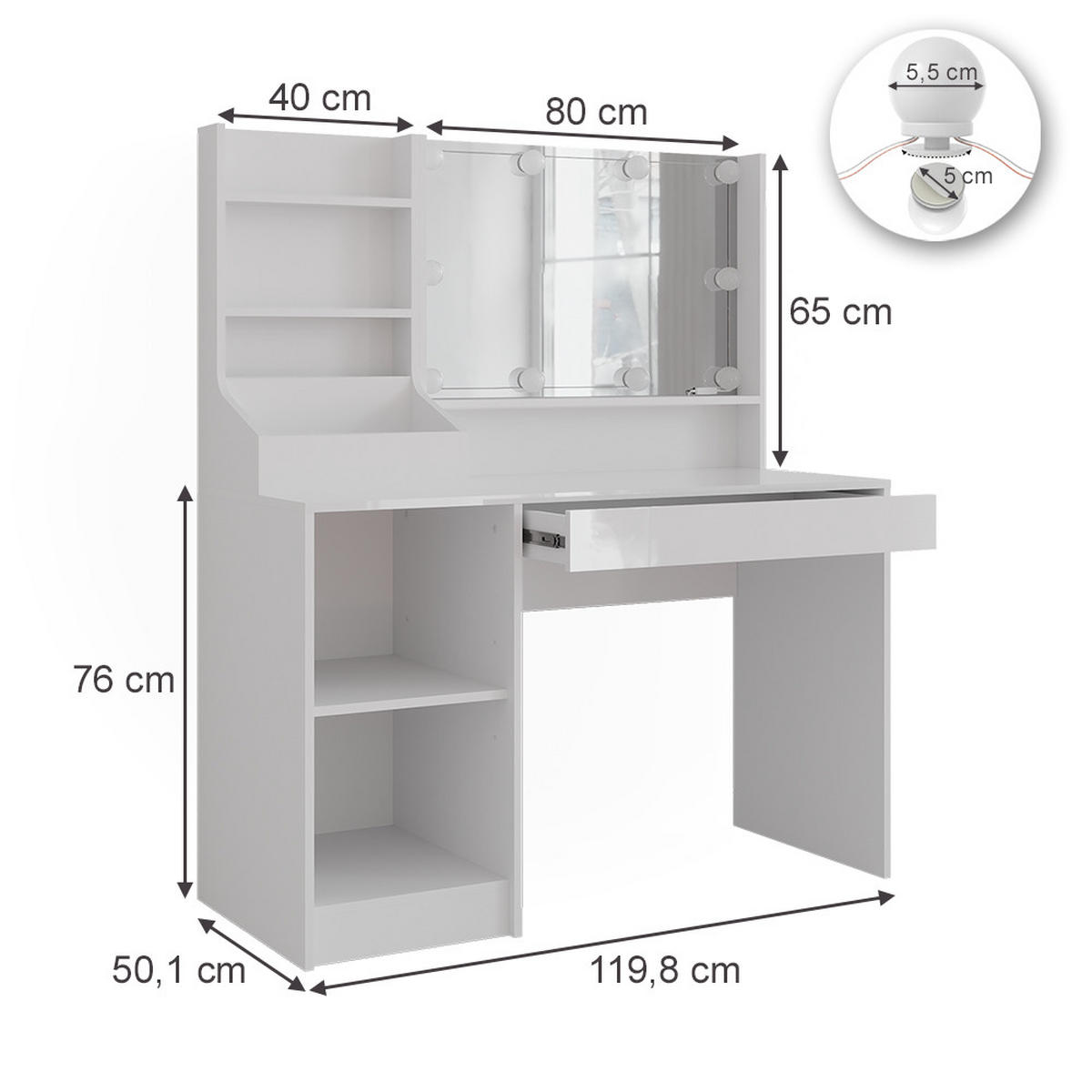 SCHMINKTISCH Sherry Weiß/Weiß Hochglanz 119.8 cm 4 Teile - Weiß Hochglanz, Holzwerkstoff (119.8/76/50.1cm) - Vicco