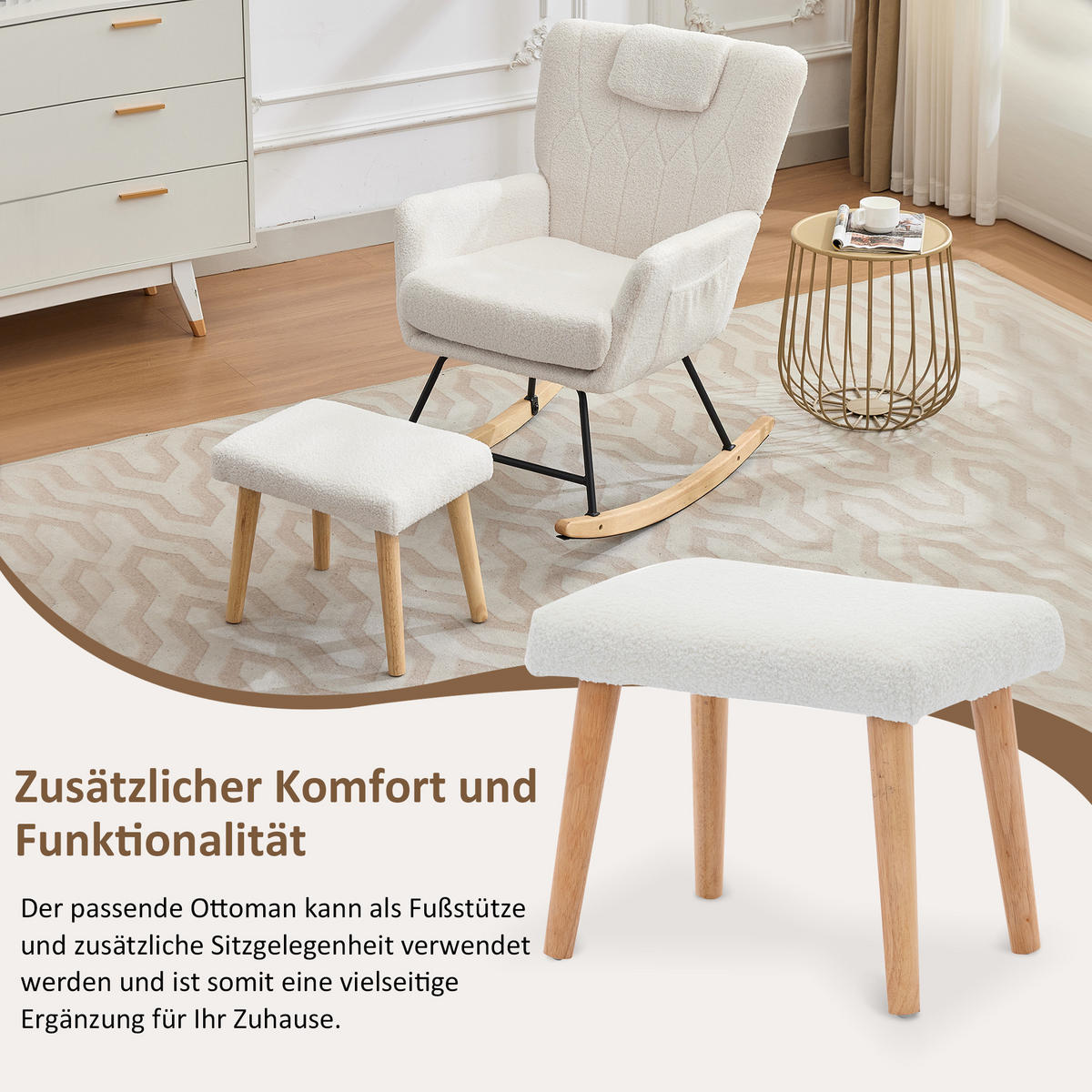 SCHAUKELSTUHL Weiß Teddy mit Fußhocker & Holzrahmen 30° Schaukelfunktion - Beige/Sonoma Eiche, Holzwerkstoff/Buchenholz (65/87/88cm) - Urban Meuble