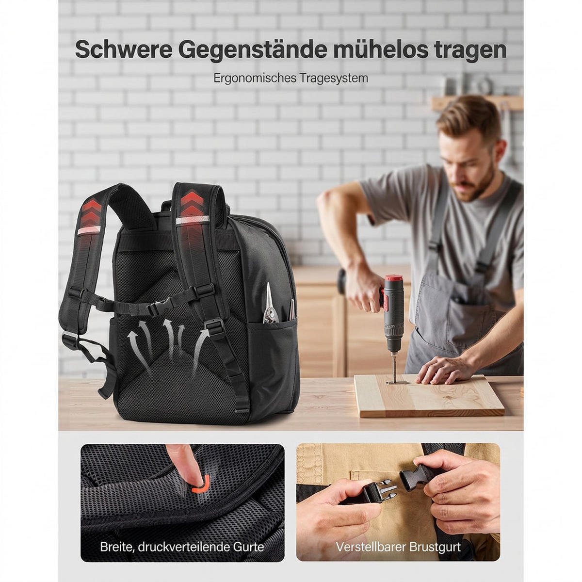 WERKZEUGTASCHE 49 Taschen Laptopfach-verstärkter Boden Elektriker - Schwarz, Textil (10/10/10cm) - Raelunyi