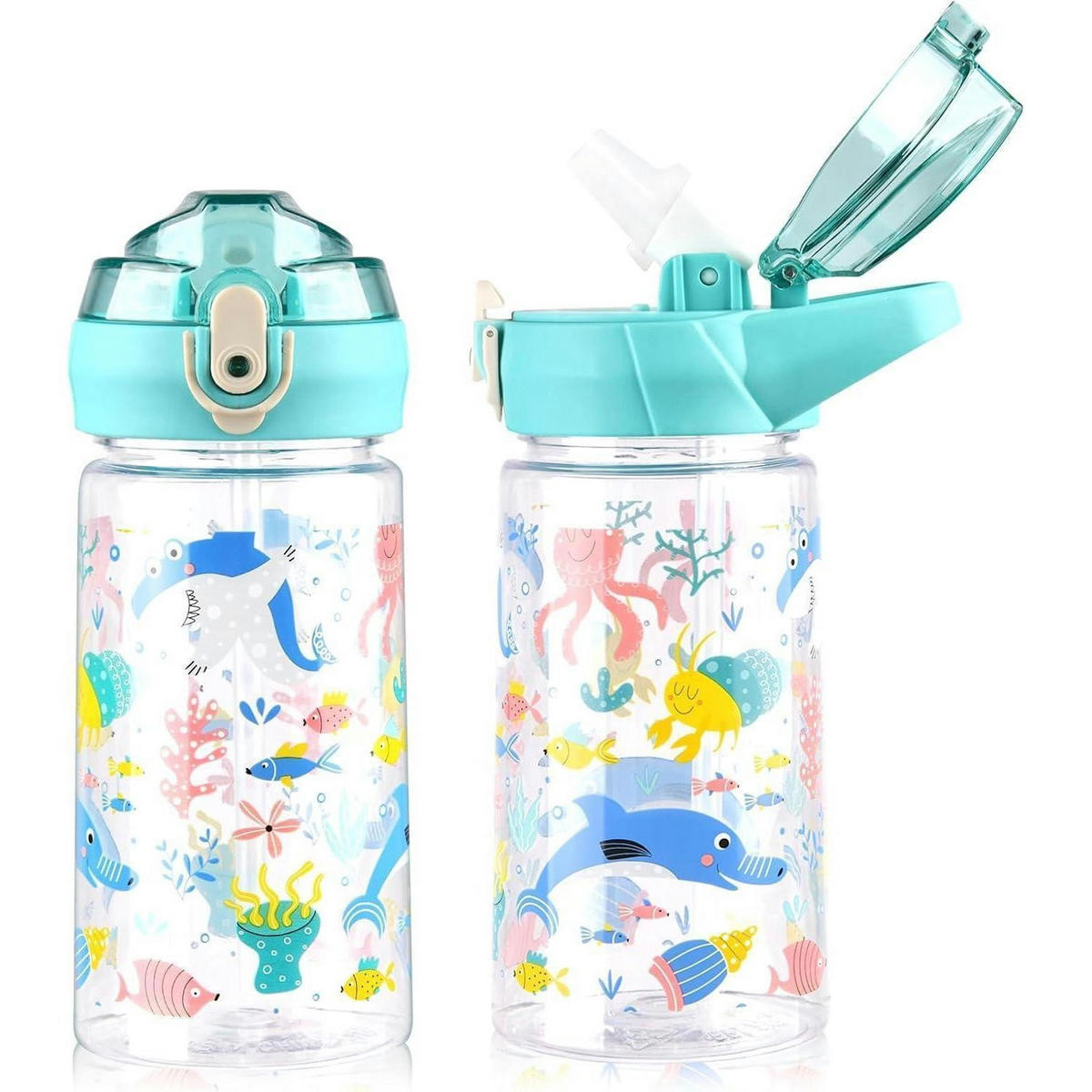 KINDER-TRINKFLASCHE mit Strohhalm 500 ml Cyan Meerestier - Multicolor, Kunststoff (19/19cm)