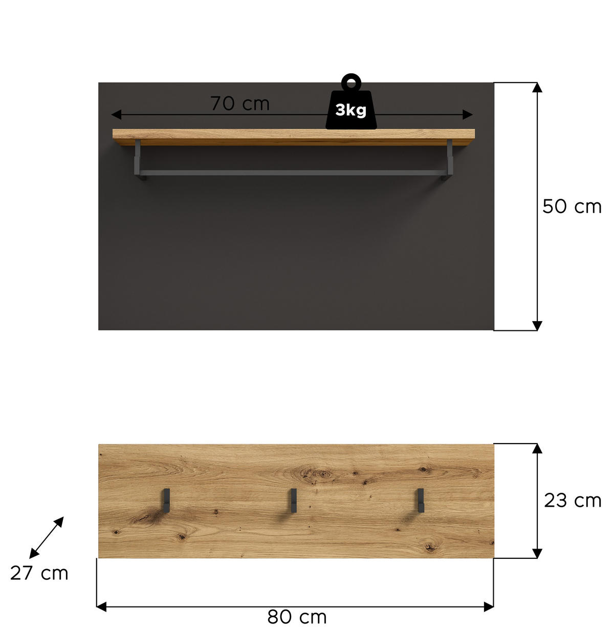 GARDEROBENPANEEL Canu Garderobe in Basalt grau Nb. und Artisan Nb. B/H/T: 80x73x27 cm - Dunkelgrau, Holzwerkstoff (80/73/27cm)