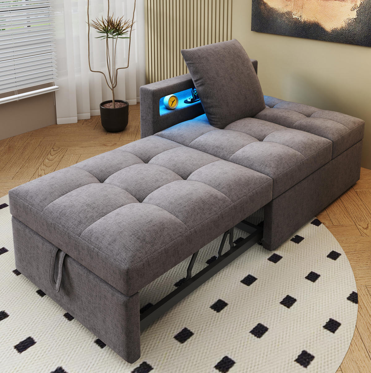 SCHLAFSOFA aus Leinen 177x68x65 cm Dunkelgrau 3-in-1 mit LED, USB-/Typ-C-Anschluss und verstellbarer Rückenlehne - Dunkelgrau, Leder (68/65/177cm) - Modfu