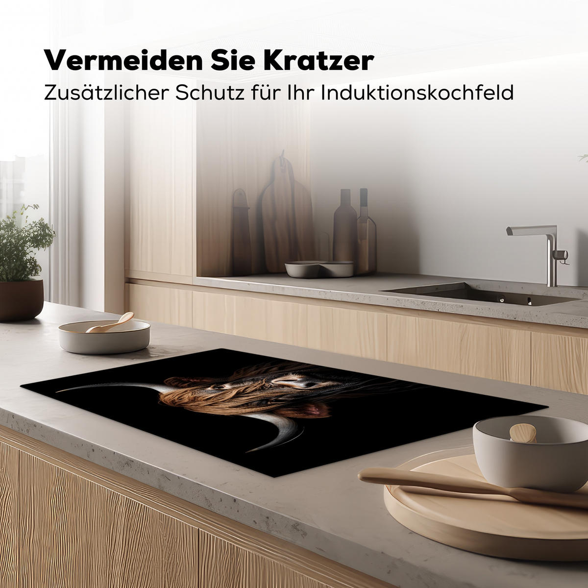 HERDABDECKPLATTE Schottischer Highlander - Porträt - Schwarz - Tier Induktionsmatte 83x51 cm - Braun, Kunststoff (83/51.5/0.2cm) - MuchoWow